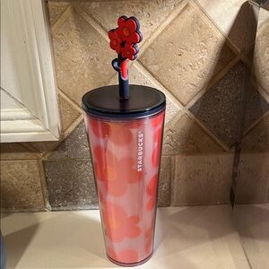 Starbucks Red and Orange Floral Tumbler with Straw